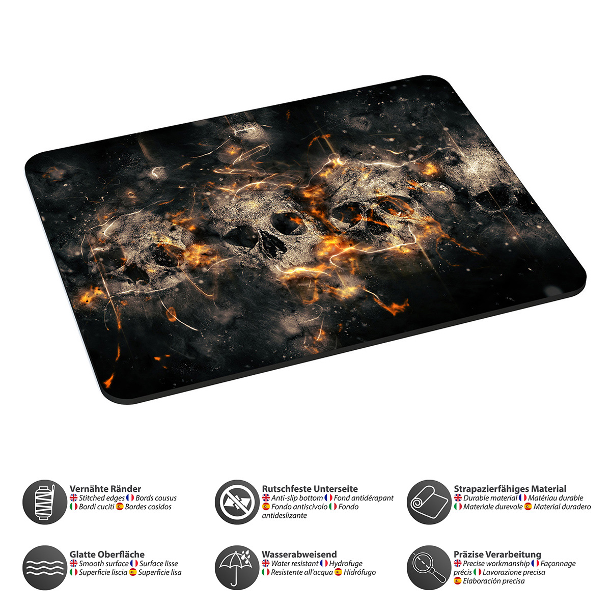 Schwarzes Mauspad mit Schädeldesign und orangefarbenen Flammen.