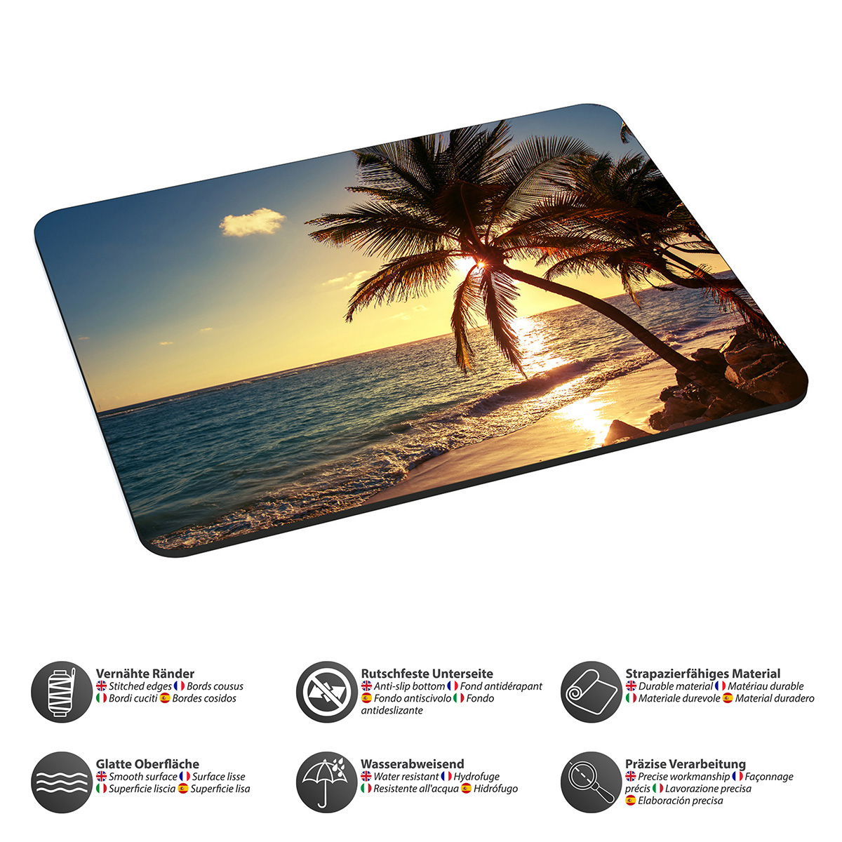 Ein Mousepad mit einer Strandszene bei Sonnenuntergang, Palmen und Text.