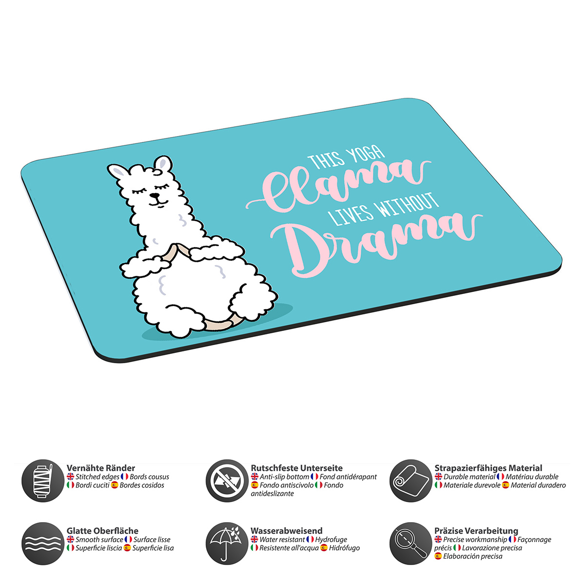 Ein blaues Mauspad mit einer Lama-Illustration und dem Text: 'This Llama lives without Drama'.