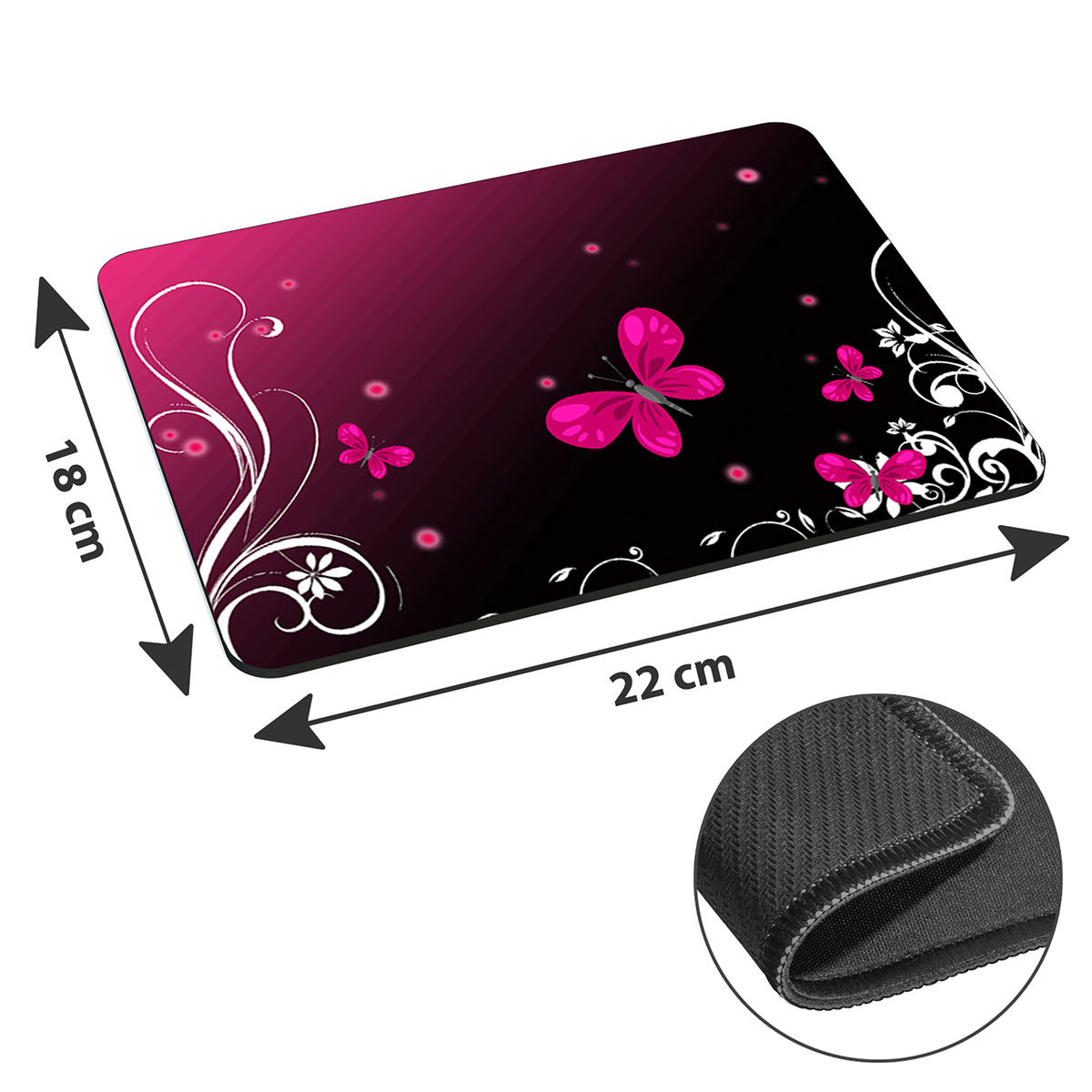 Mauspad mit Schmetterlingsdesign. Das Pad hat einen rosa-schwarzen Farbverlauf. Kleine Schmetterlinge sind verstreut.