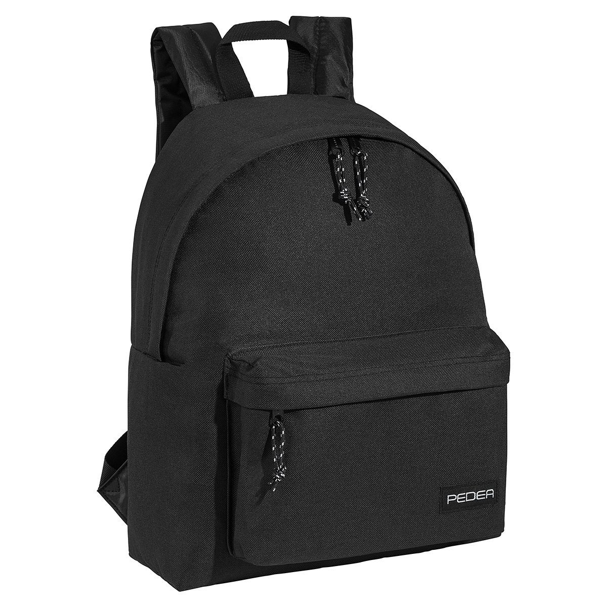 Schwarzer Rucksack mit einer Vordertasche, zwei Schultergurten und einem weißen Kordelzug.