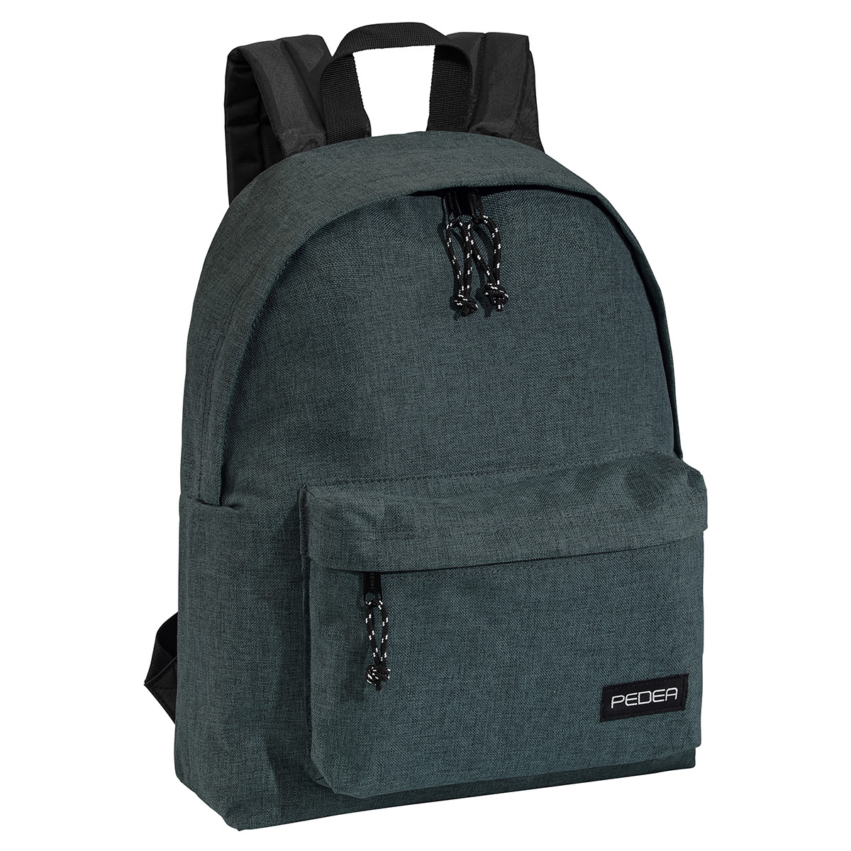 Dunkelgrüner Rucksack mit Vordertasche, schwarzen Trägern und weißen Schnüren. Weißer Hintergrund.