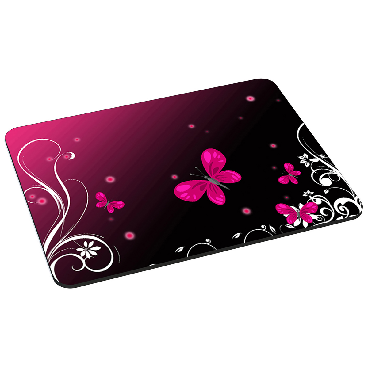 Rosa-schwarzes Mousepad mit Schmetterlingen und Wirbelmustern auf schwarzem Hintergrund.