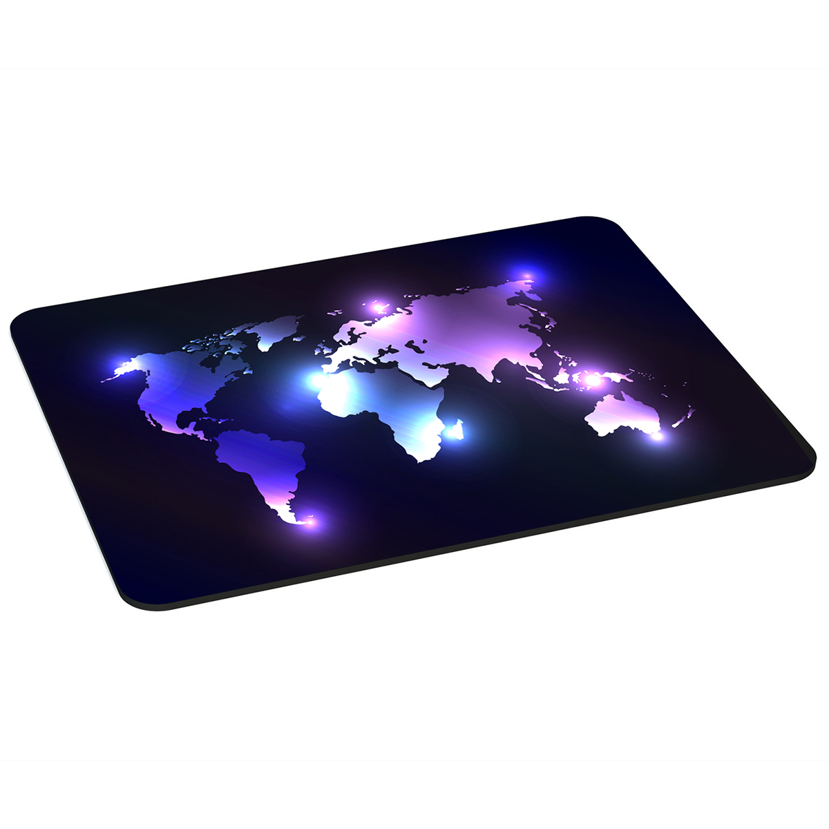 Schwarzes Mousepad mit Weltkarten-Design. Die Karte leuchtet in Blau- und Lilatönen.