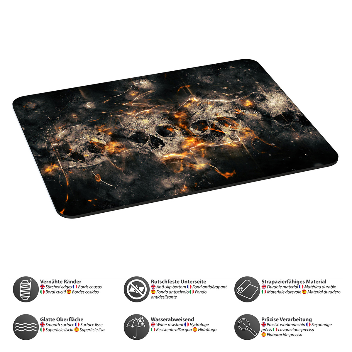 Mauspad mit Totenkopf- und Flammendesign.