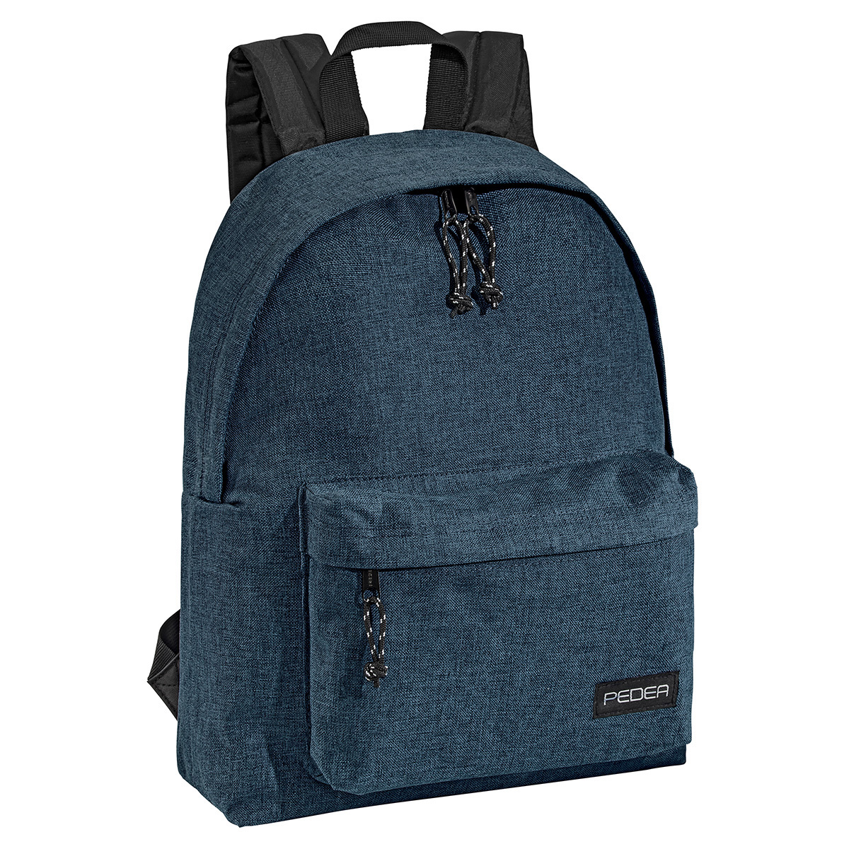 Blauer Rucksack mit schwarzen Trägern und Fronttasche. Er hat Kordelzüge und das PEDEA-Logo.