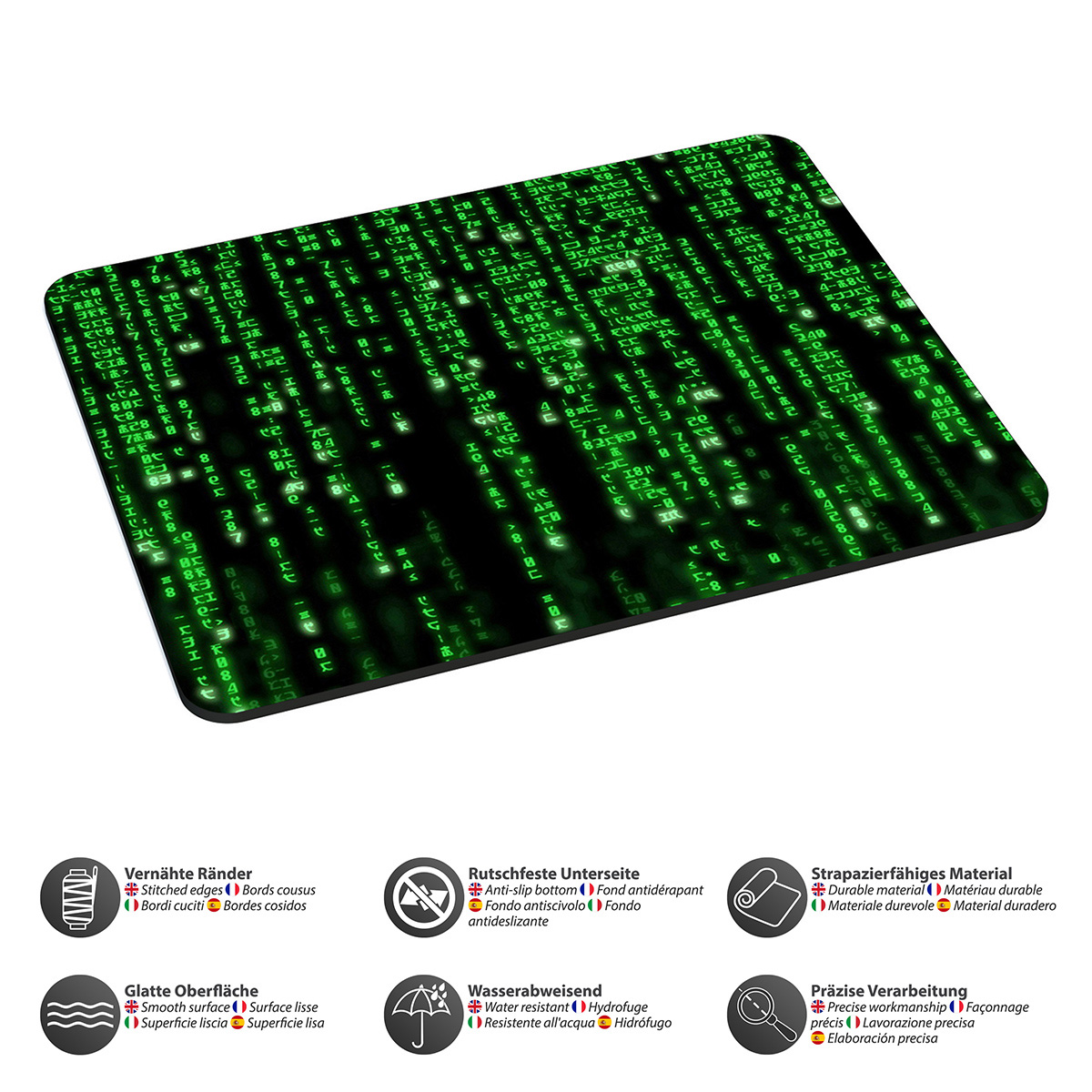 Schwarzes Mauspad mit grünem Binärcode-Design. Symbole unten beschreiben Funktionen.
