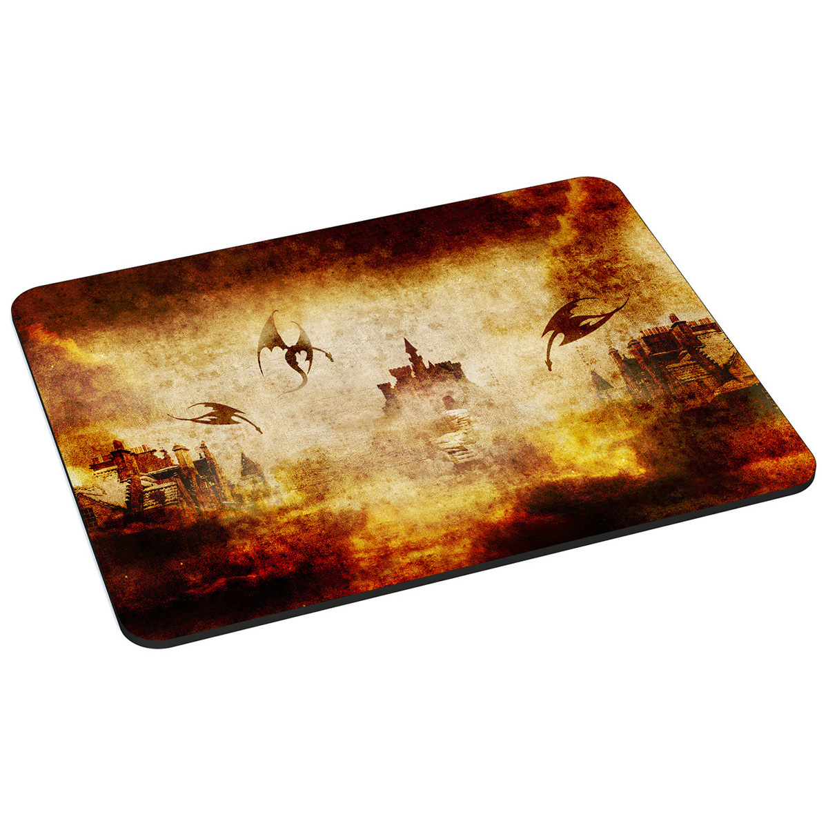 Ein Mousepad mit einer Fantasieszene von Drachen, die über einer Burg fliegen.