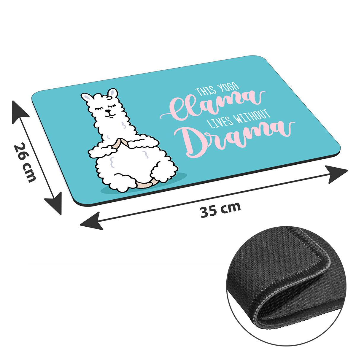 Eine Yogamatte mit einer Lama-Illustration und dem Text 'This yoga llama lives without drama'.