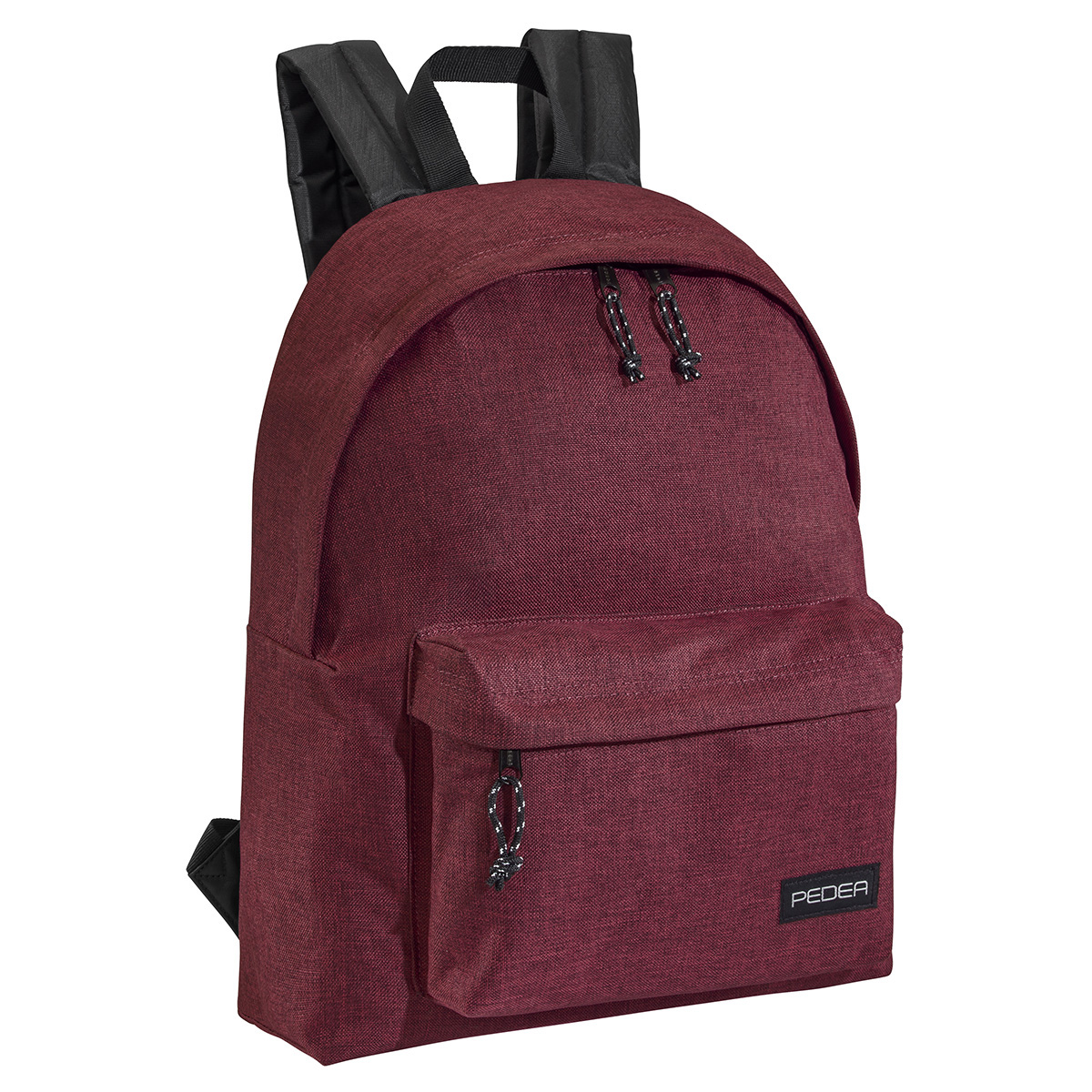 Burgunderfarbener Rucksack mit Fronttasche und schwarzen Riemen.