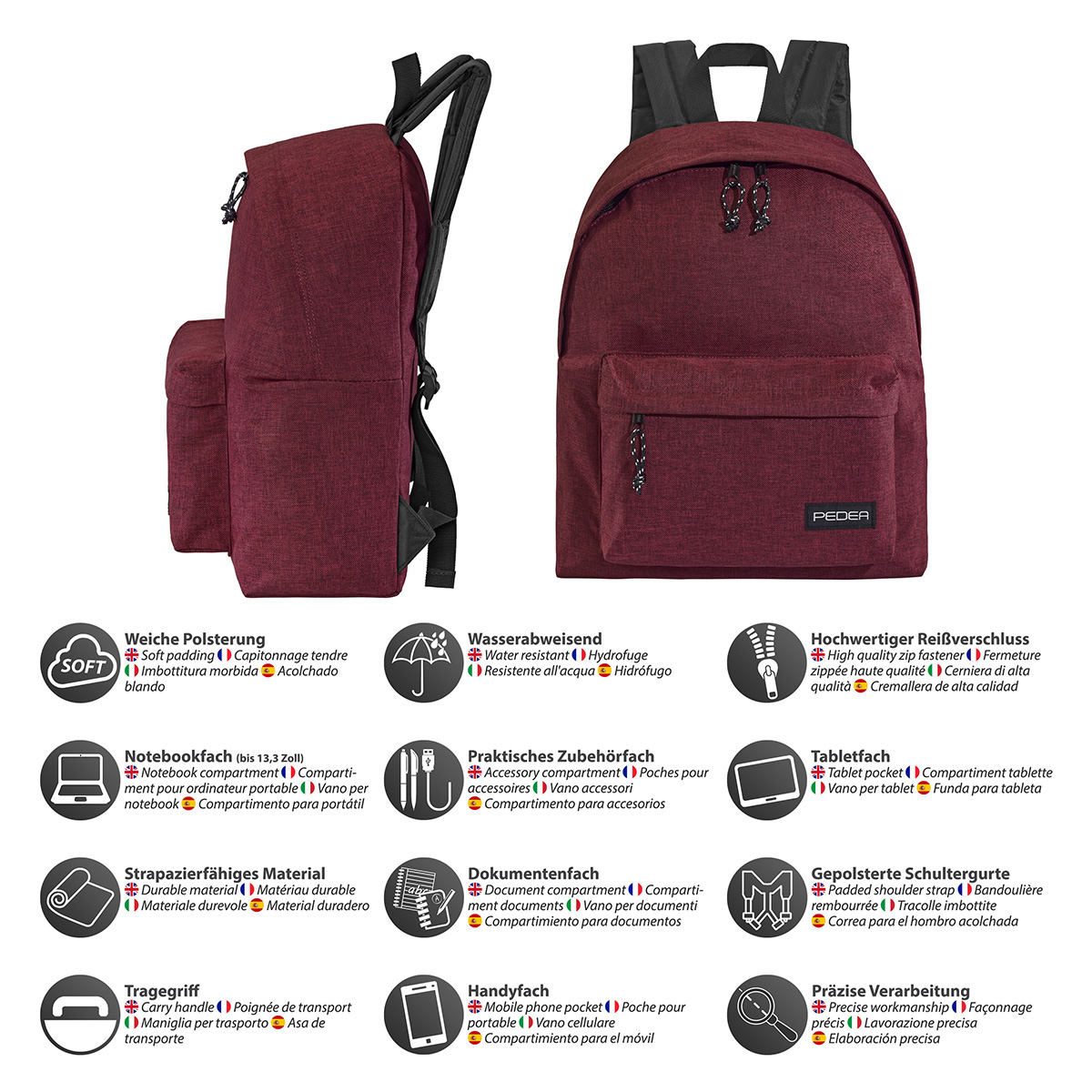 Ein weinroter Rucksack mit Taschen, Etiketten und Textbeschreibungen. Er befindet sich auf einem weißen Hintergrund mit Etiketten.