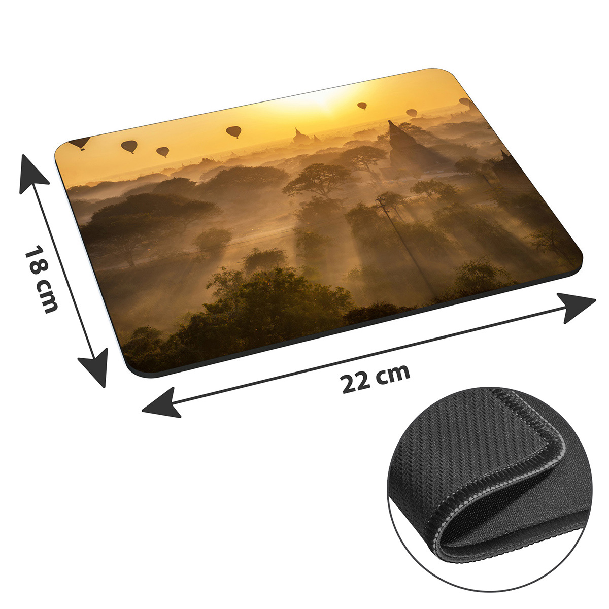 Mauspad mit Sonnenaufgangslandschaft, mit Abmessungen und Nahaufnahme.