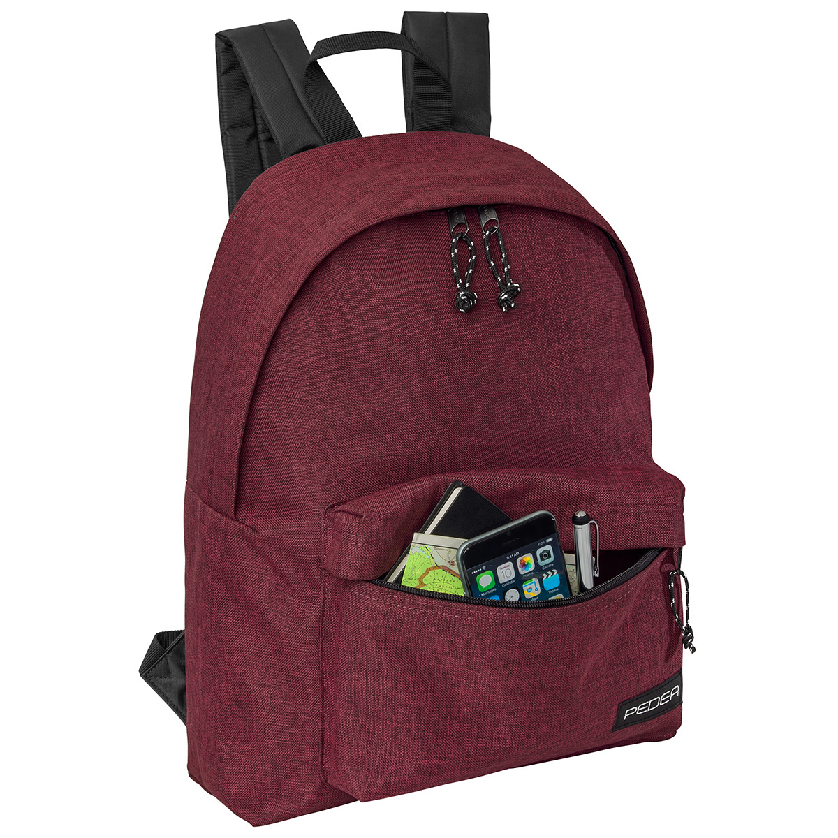 Burgunderroter Rucksack mit Vordertasche, mit Telefon, Stift und Notizbuch, schwarze Träger.