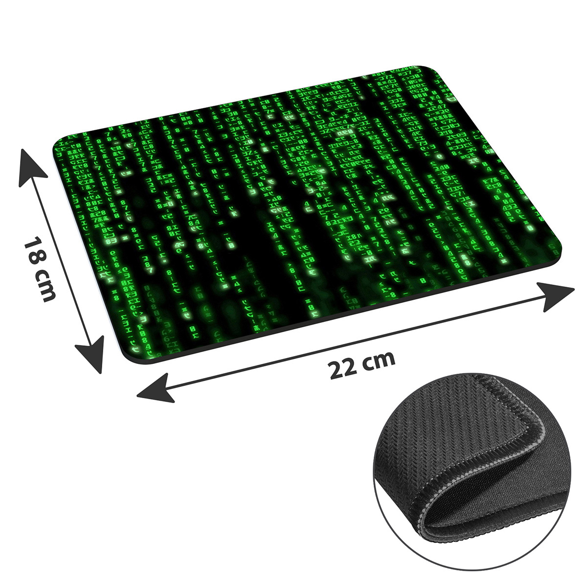 Ein schwarzes Mousepad mit einem grünen matrixartigen Muster. Es hat die Maße 18 cm x 22 cm. Die Rückseite ist schwarz.
