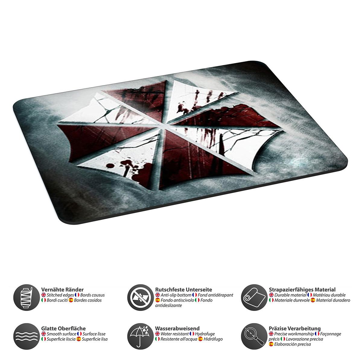 Mauspad mit Umbrella Corp Logo, rot und weiß, Blutspritzer.