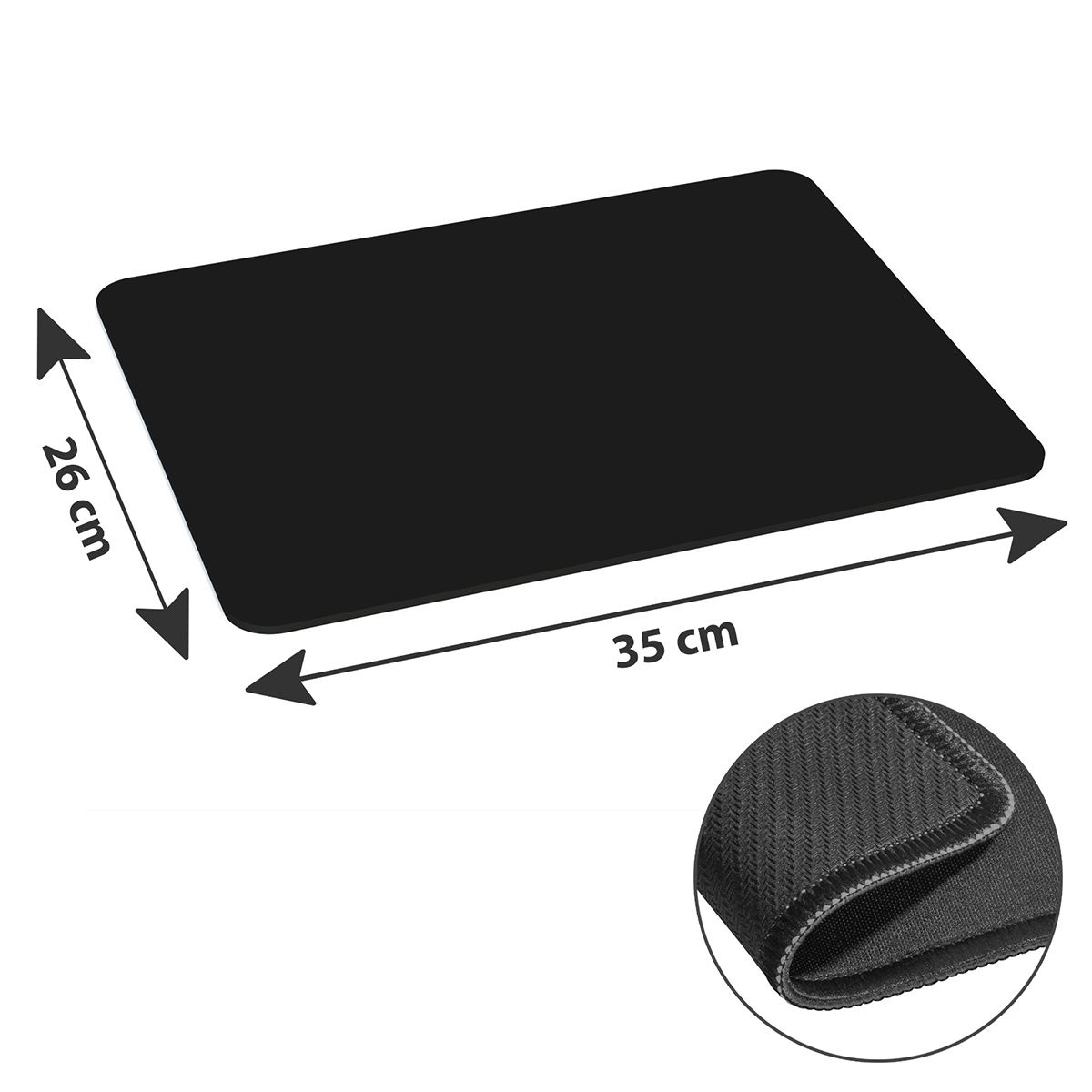Schwarzes Mauspad mit den Maßen 26 cm x 35 cm. Nahaufnahme der Kanten.