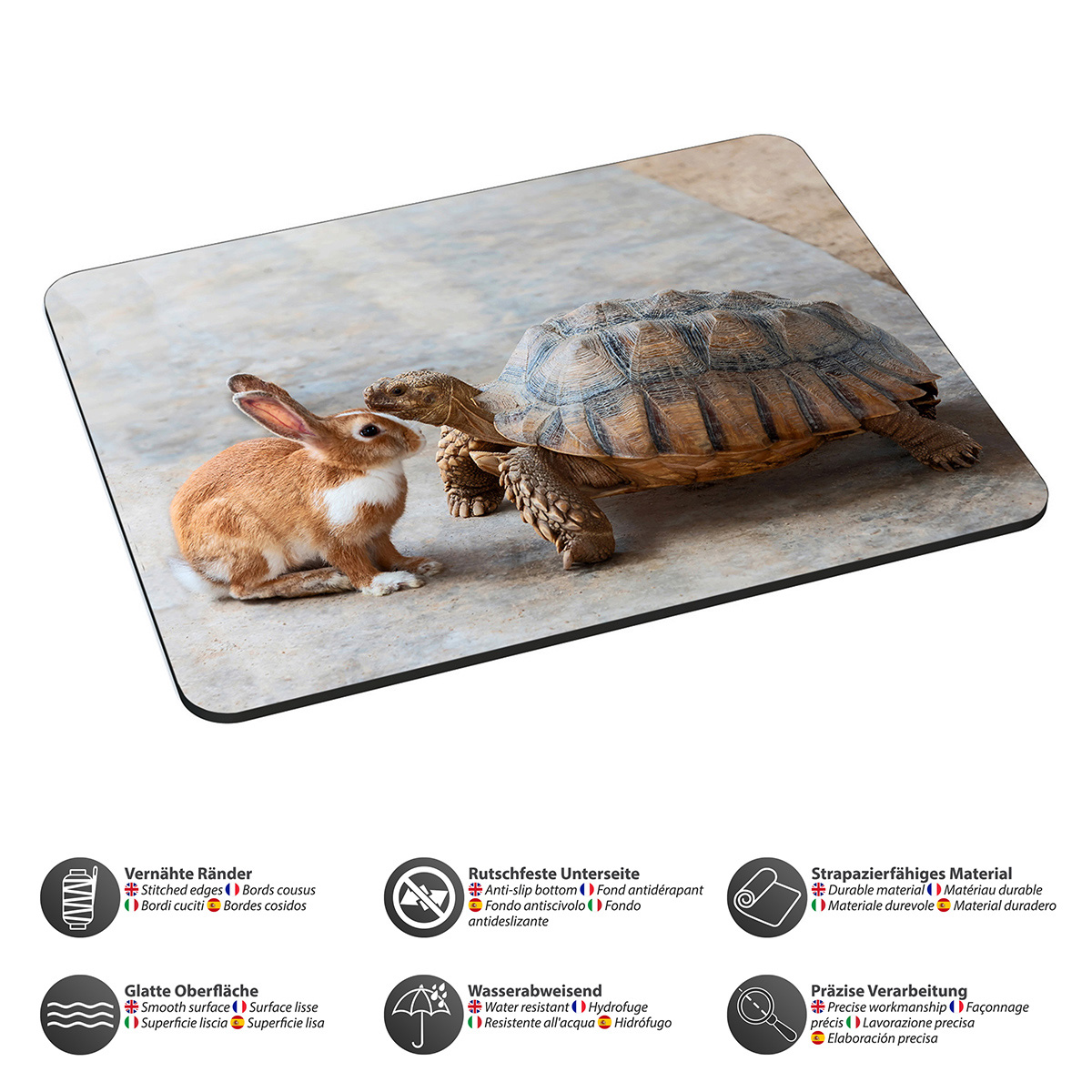 Ein Hase und eine Schildkröte zusammen auf einem Mousepad. Das Mousepad ist hell.