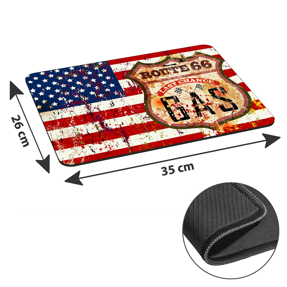 Mauspad mit US-Flaggen-Design und Route 66-Logo, mit Abmessungen in cm.