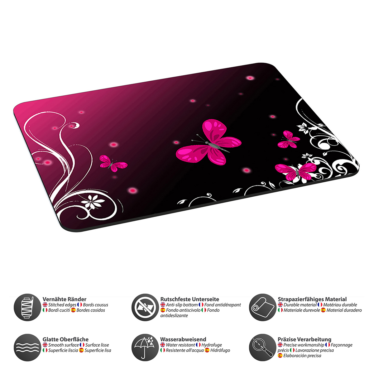 Ein Mauspad mit einem rosa Schmetterlingsdesign auf schwarzem Hintergrund. Merkmale umfassen genähte Kanten.