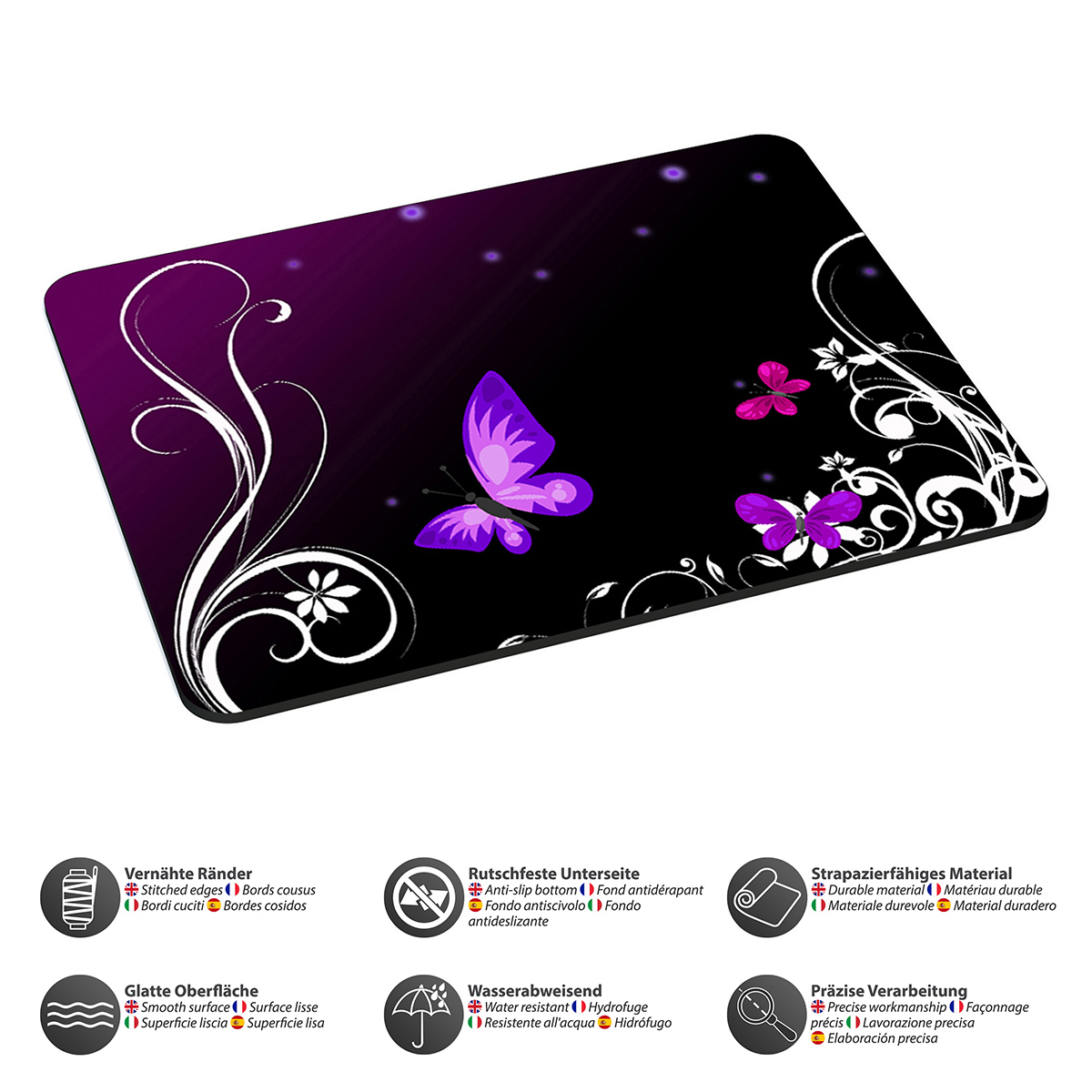 Ein schwarzes Mauspad mit Schmetterlingsdesign und dekorativen Elementen. Text und Symbole sind vorhanden.