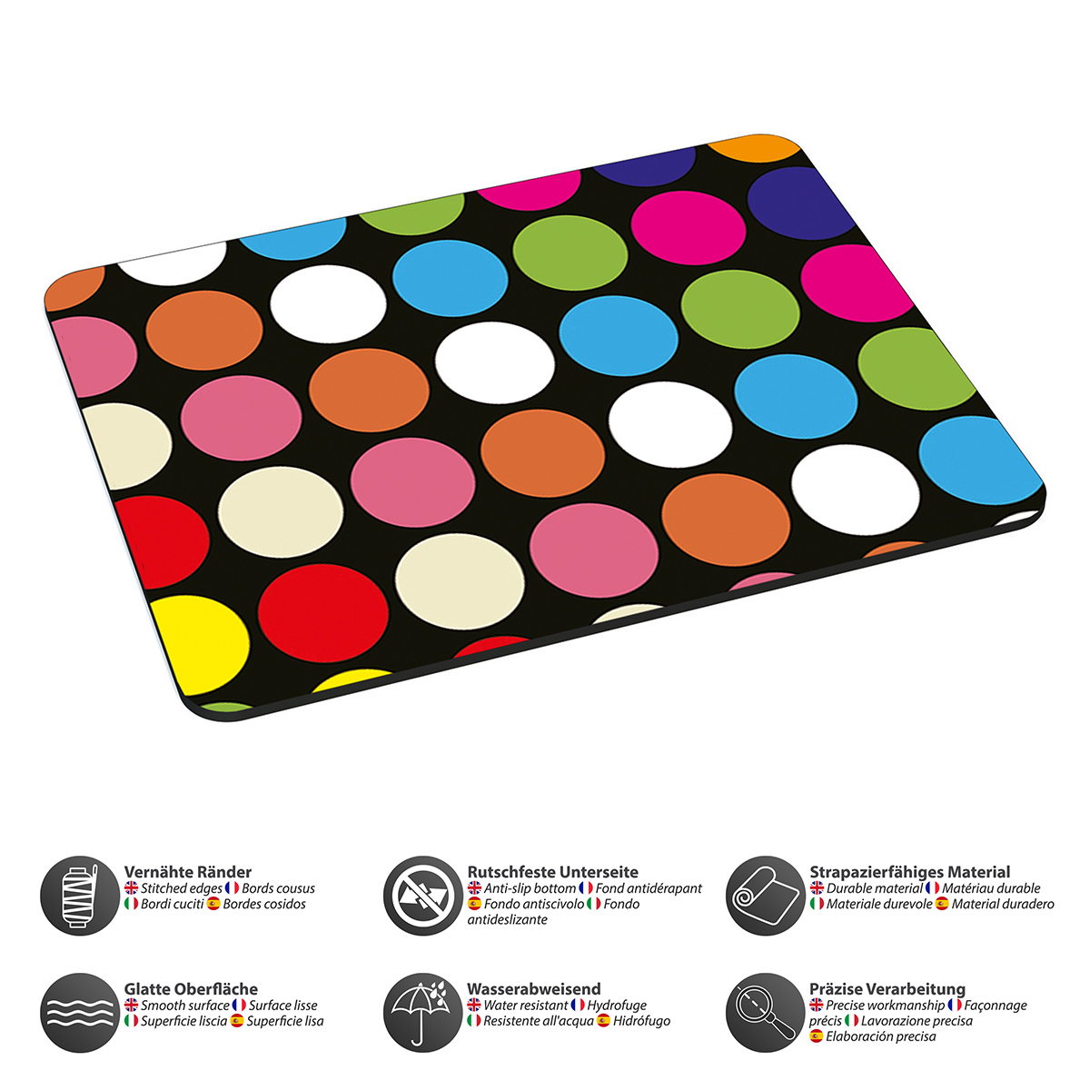 Ein schwarzes Mousepad mit bunten Tupfen. Es gibt Symbole und Text um den Rand.