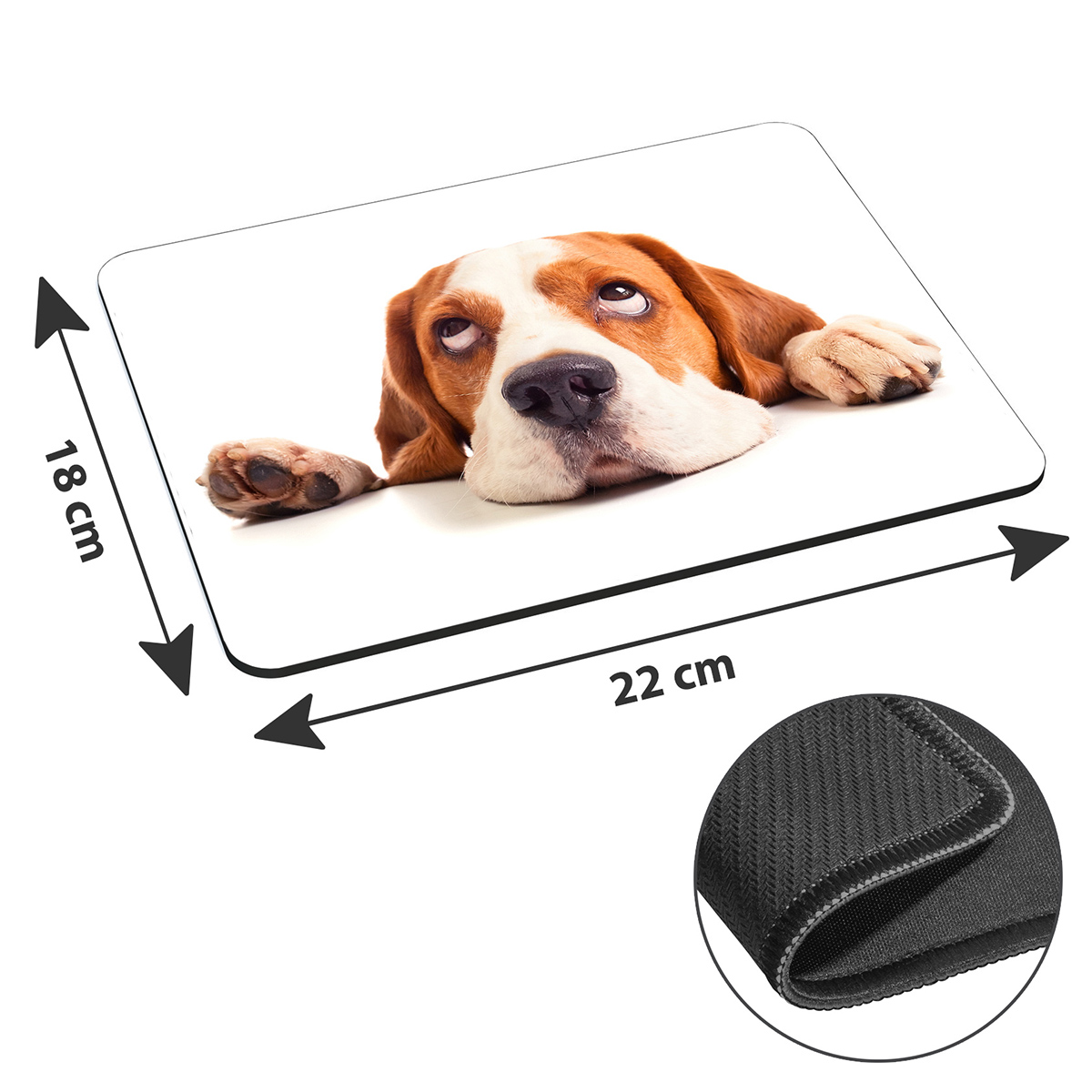 Ein Beagle-Hund auf einem weißen Mauspad, mit Abmessungen in cm.