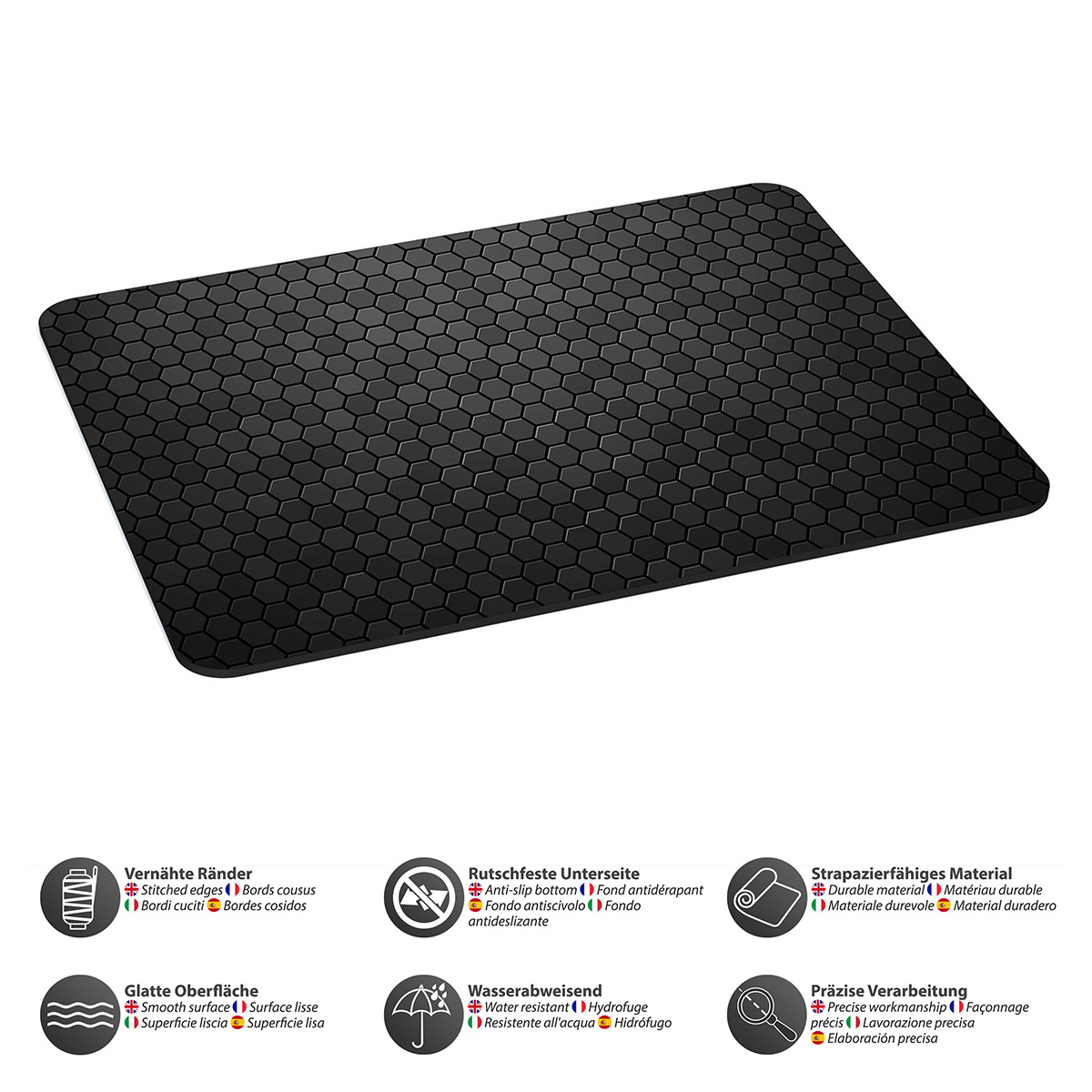 Schwarzes Mousepad mit sechseckigem Muster und verschiedenen Symbolen mit Text zu Eigenschaften wie Kanten- und Wasserbeständigkeit.