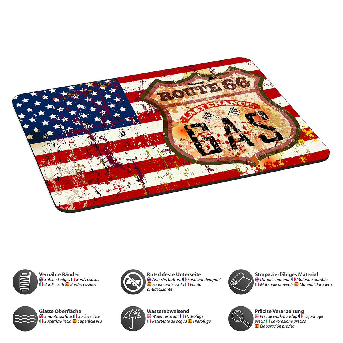 Mauspad mit dem Route 66 Gas-Schild und einem amerikanischen Flaggen-Design.