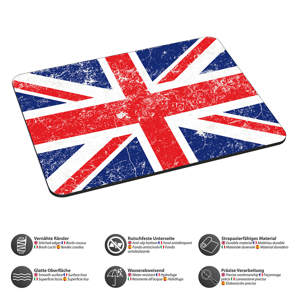 Ein Mousepad mit Union Jack-Flaggen-Design, mit Gebrauchsspuren.