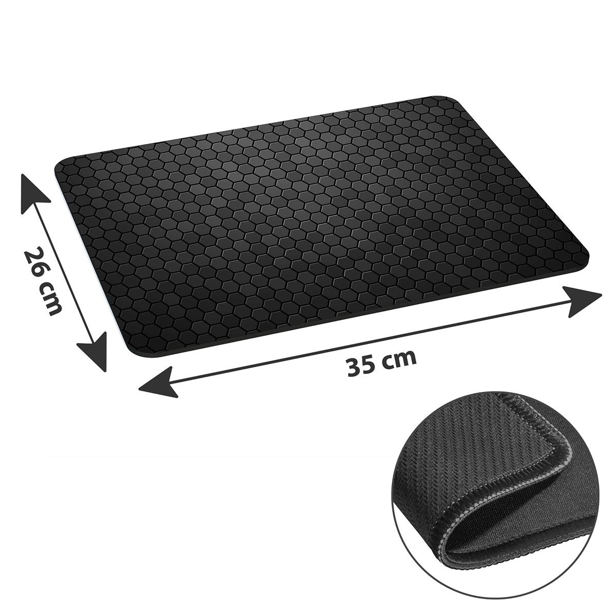 Schwarzes Mousepad mit sechseckigem Muster und Abmessungen. Detail im Kreis.