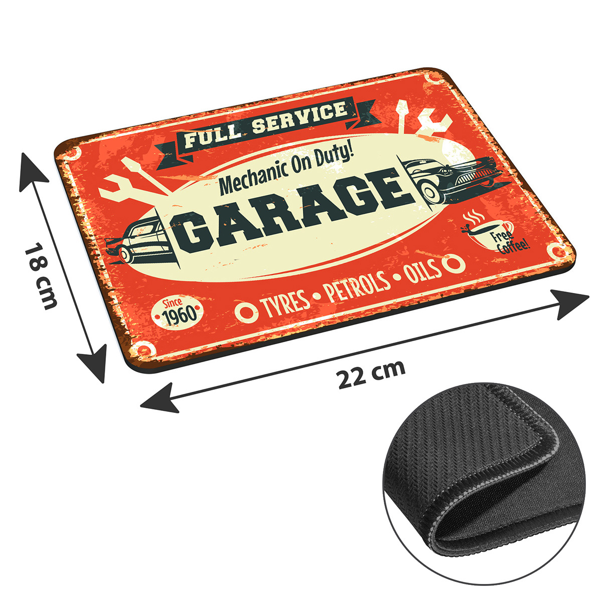 Garage-Mauspad, 18x22 cm, mit Nahaufnahme der Kante.