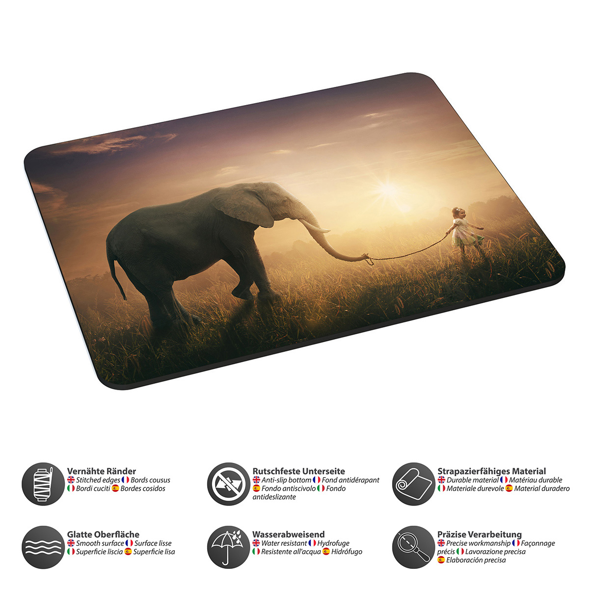 Mauspad mit einem Elefanten und Mädchen-Bild auf einem Feld bei Sonnenuntergang. Text unten.