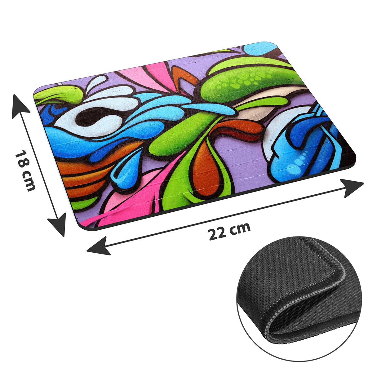 Ein bunter Mousepad mit Graffiti-Kunst und Abmessungen.