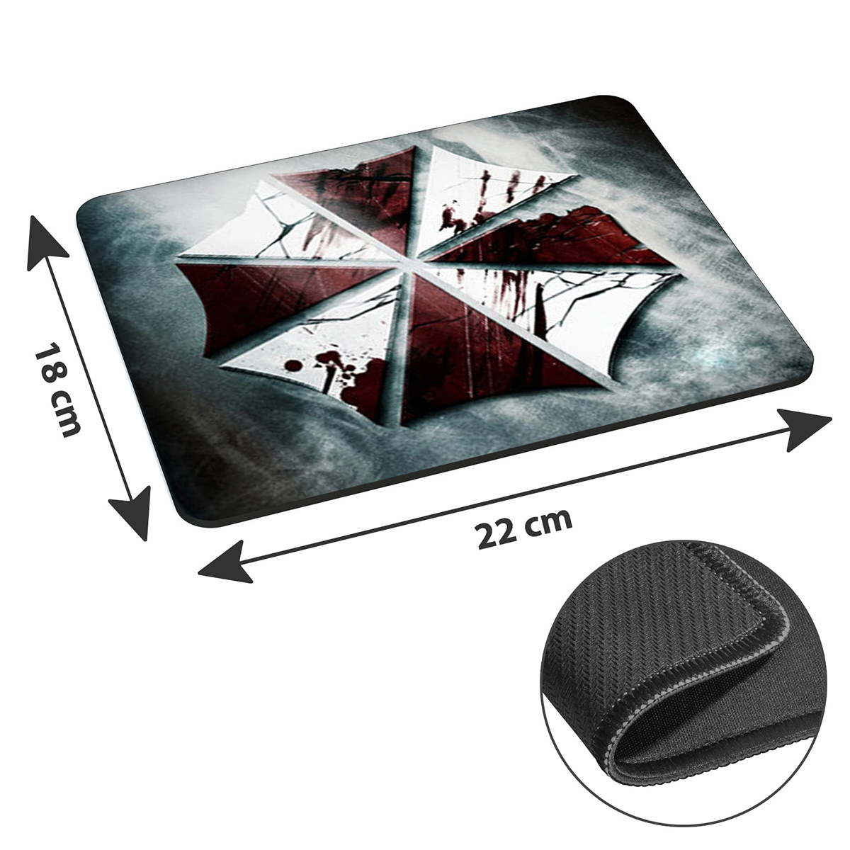 Ein Mousepad mit einem rot-weißen Logo mit einem zerbrochenen Schirmdesign.