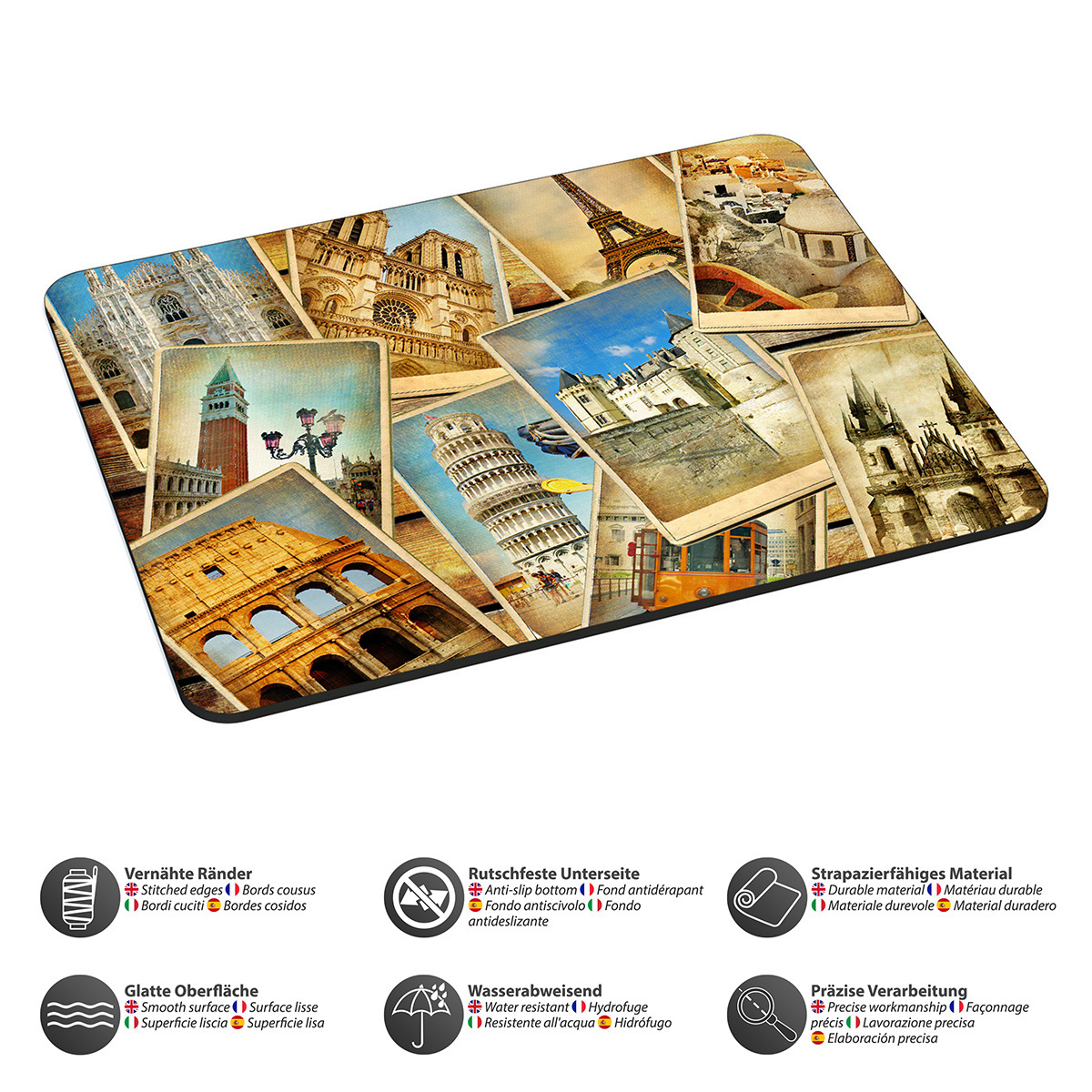 Ein Mousepad mit mehreren Bildern von Wahrzeichen. Unten befinden sich Symbole. Der Hintergrund ist weiß.