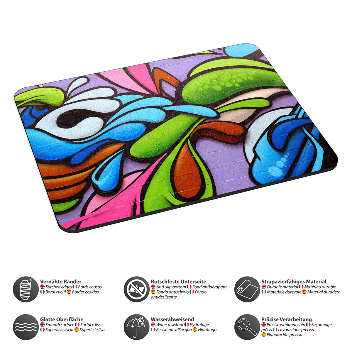Ein Mousepad mit bunten Graffiti. Der Hintergrund ist lila mit schwarzem Rand und Symbolen.