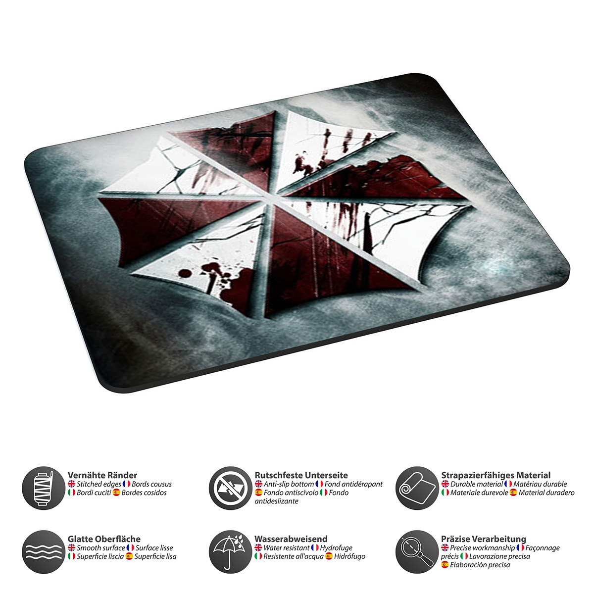 Mousepad mit zersplittertem Umbrella Corporation Logo, Blutspritzern und verschiedenen Merkmalen.
