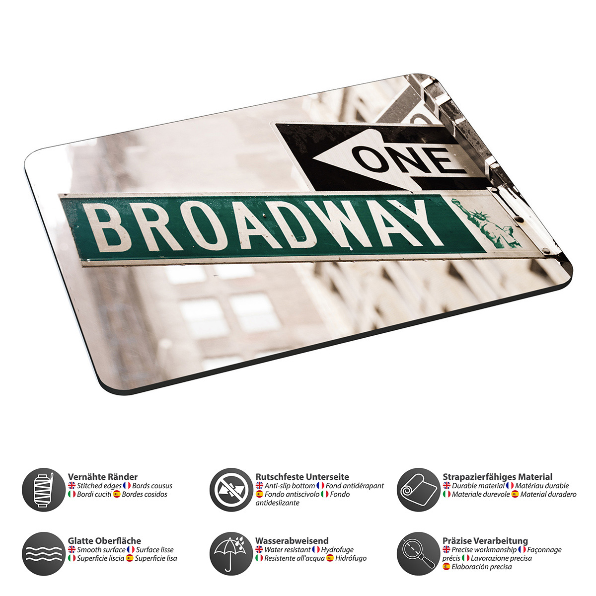 Ein Mousepad mit einem Broadway-Straßenschild-Grafik und Icons, die Produkteigenschaften bezeichnen.
