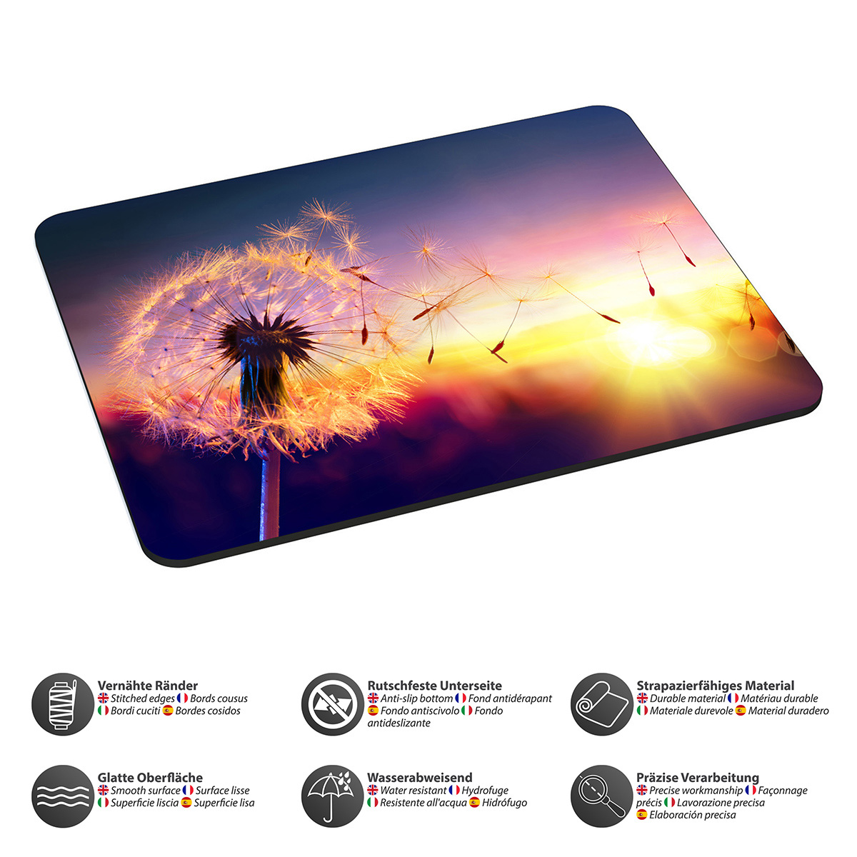 Ein Mauspad mit einem Pusteblumen-Design mit Sonnenuntergang im Hintergrund.