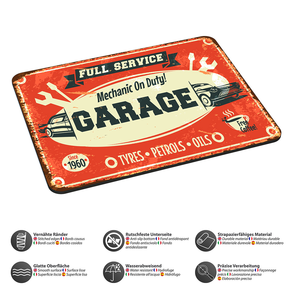 Ein rotes Vintage-Garagenschild mit Text, Werkzeugen, einem Auto und Symbolen. Der Text enthält 'Garage' und 'Mechanic On Duty'.