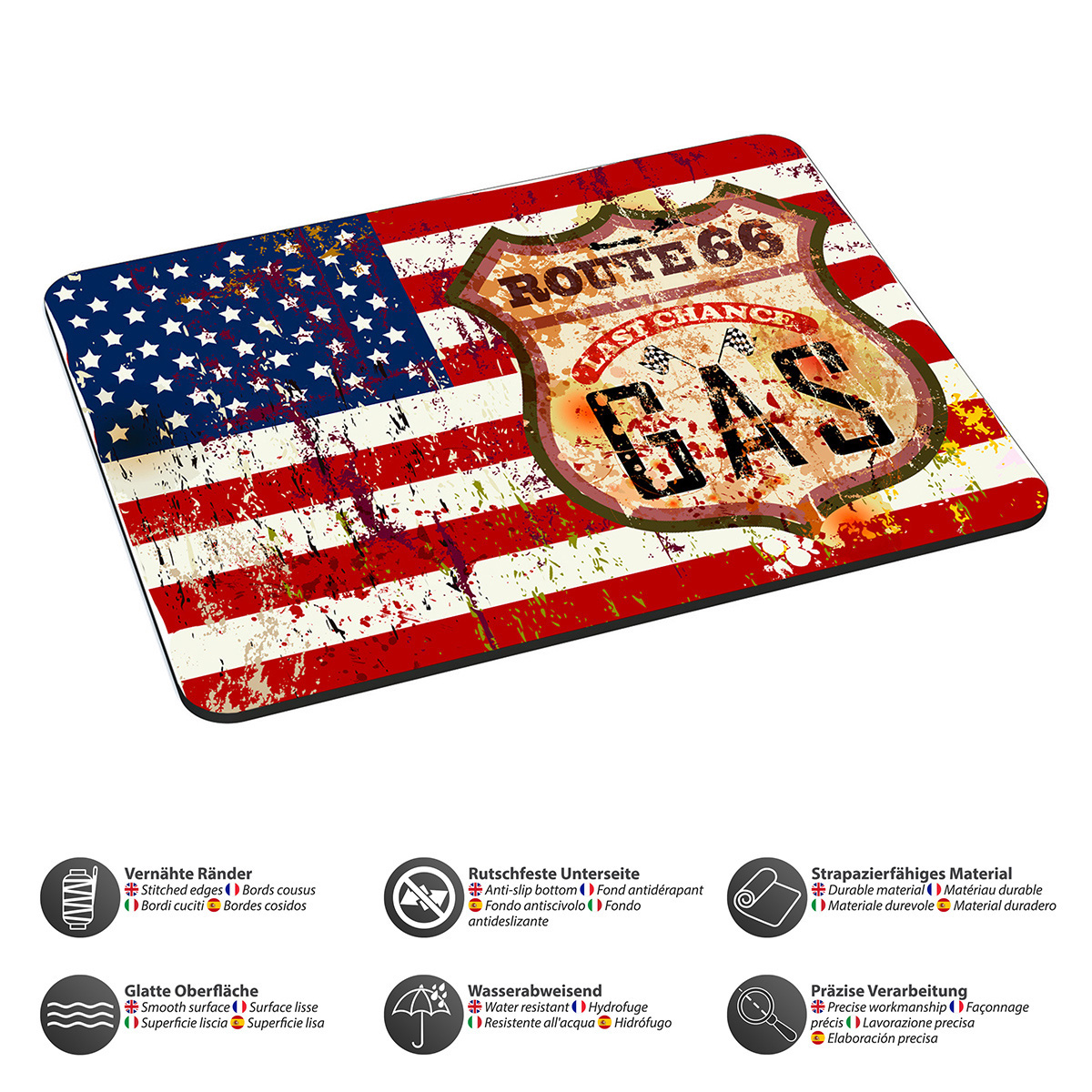 Mousepad mit Route 66-Schild und amerikanischem Flaggen-Design.