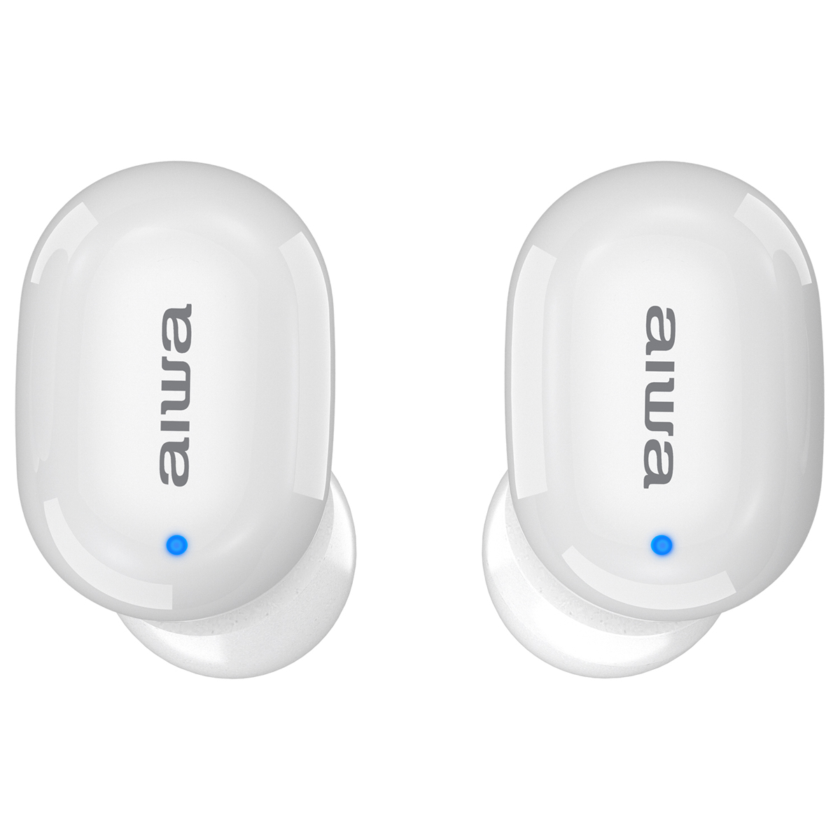 Auricolari wireless bianchi, ciascuno con il logo 'aiwa' e una luce blu.