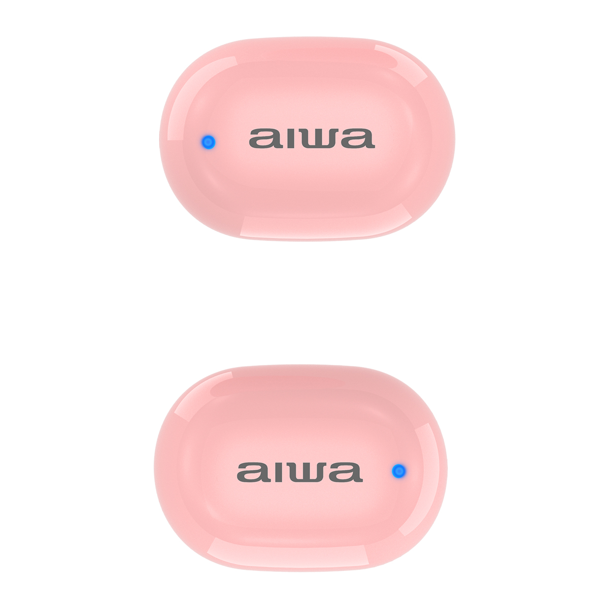 Dwie różowe słuchawki aiwa. Każda słuchawka ma niebieskie światło, a logo jest pośrodku.