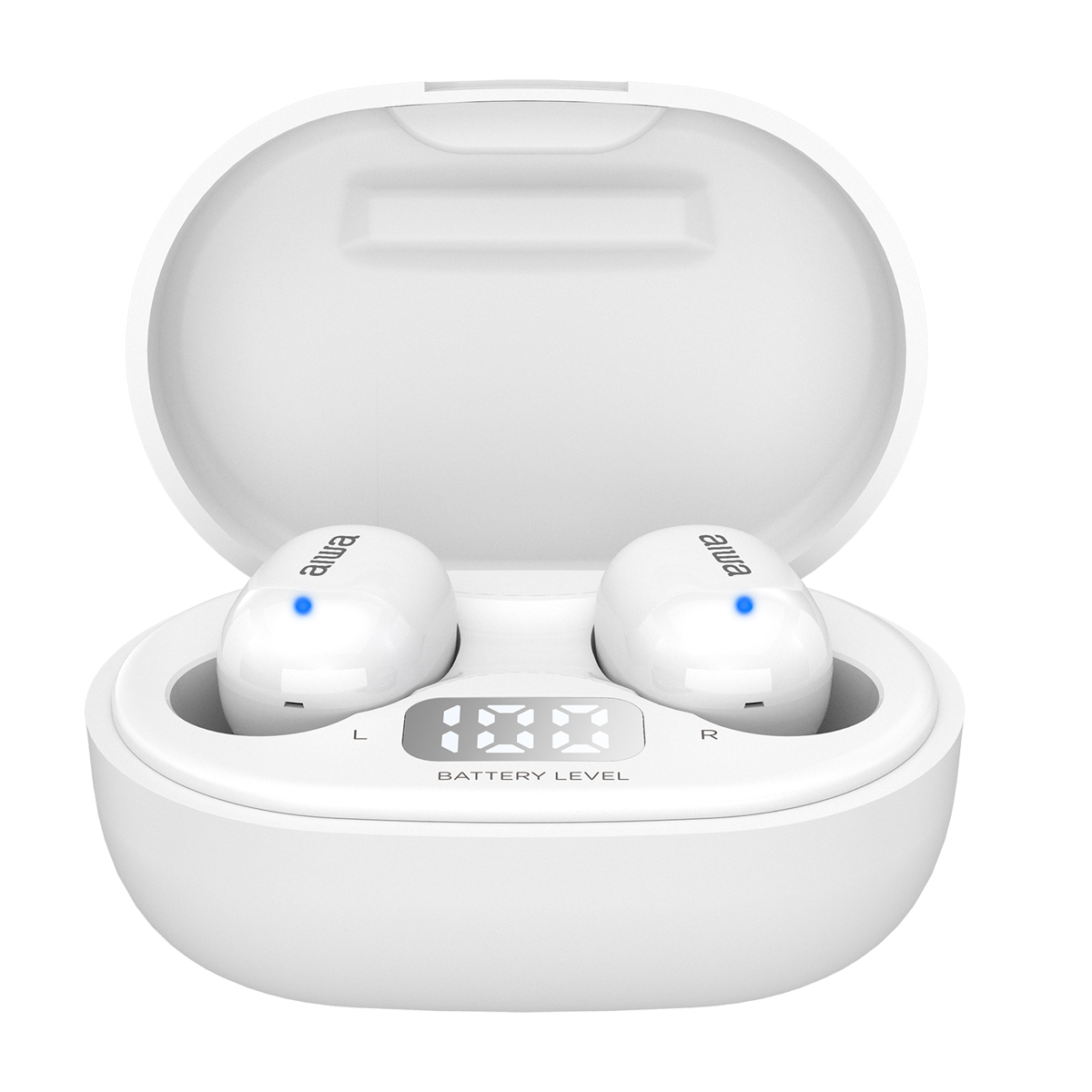 Auricolari wireless bianchi all'interno di una custodia di ricarica, con display livello batteria.