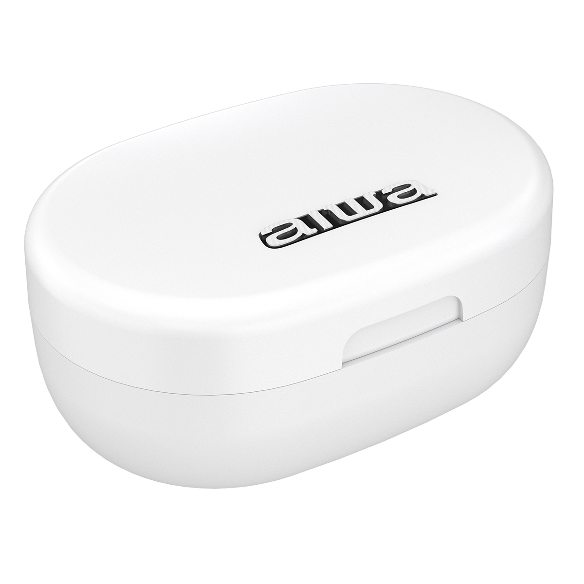 Custodia di ricarica bianca per auricolari con il logo 'aiwa'.