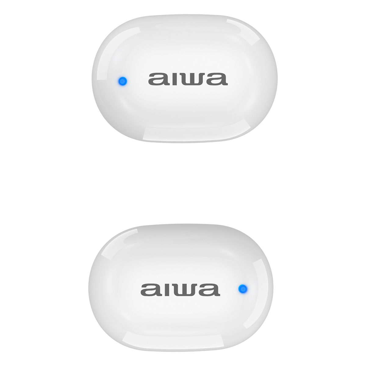 Due auricolari aiwa bianchi. Uno ha una luce blu.