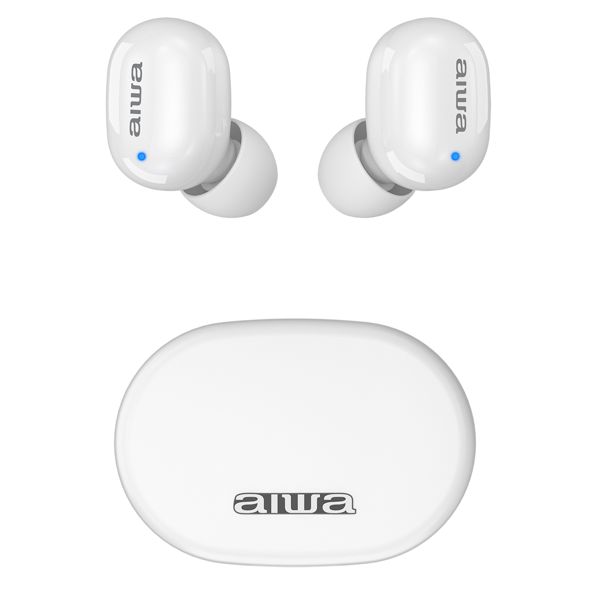 Auricolari bianchi con custodia di ricarica. Custodia e auricolari hanno il logo 'aiwa'.