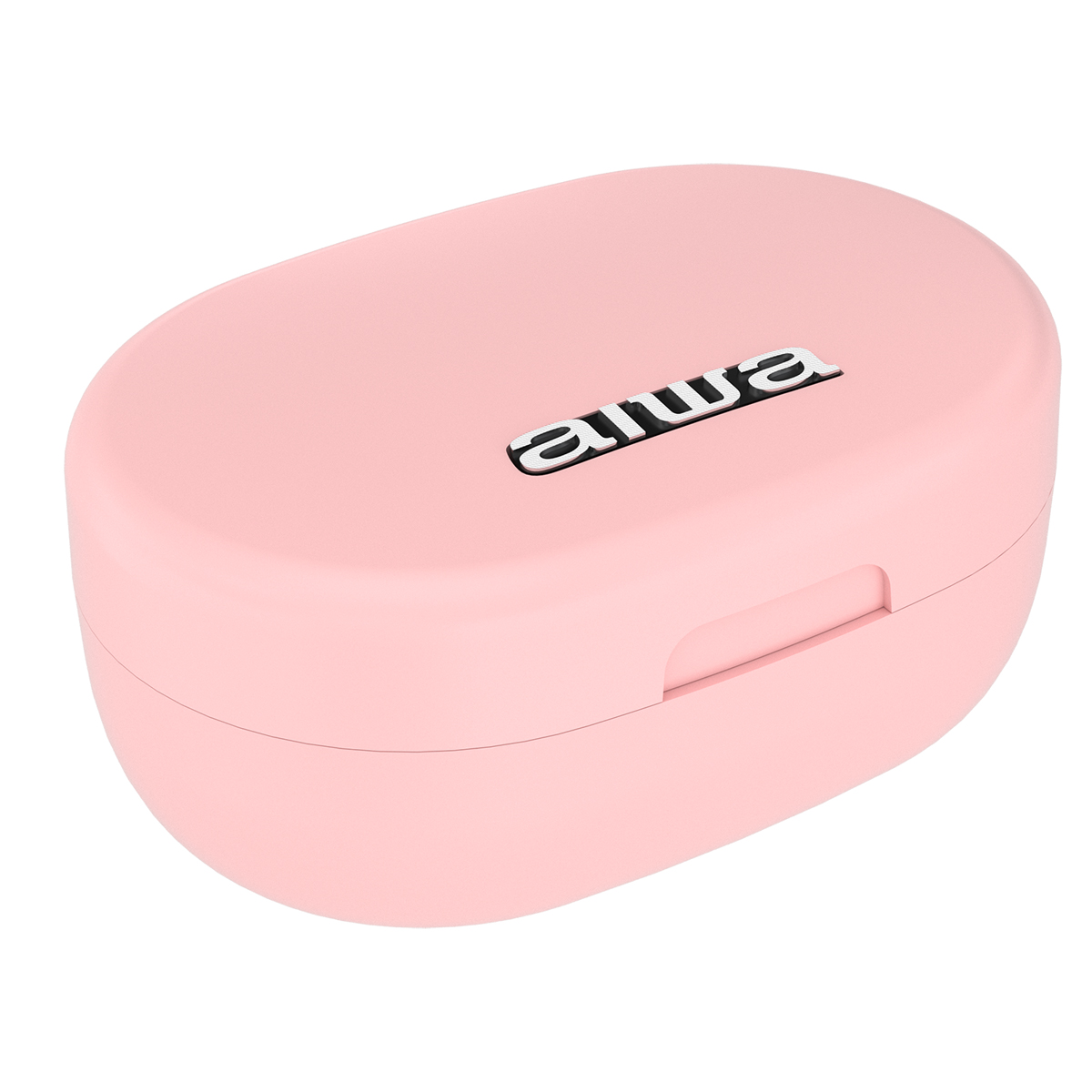 Rosa, ovales Ohrhörer-Ladeetui mit dem weißen 'aiwa'-Logo oben.