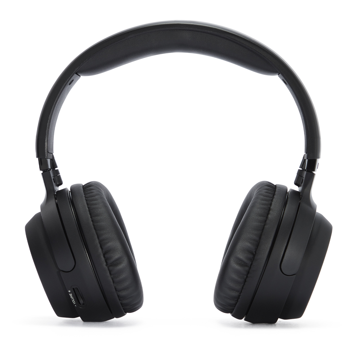 Czarne słuchawki na białym tle. Widok z góry pokazujący nauszniki i pałąk. Minimalistyczny design.