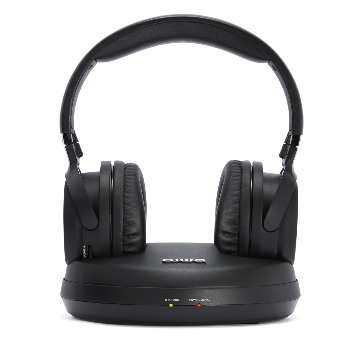 Czarne słuchawki na stacji ładującej, z kontrolkami i wskaźnikami.